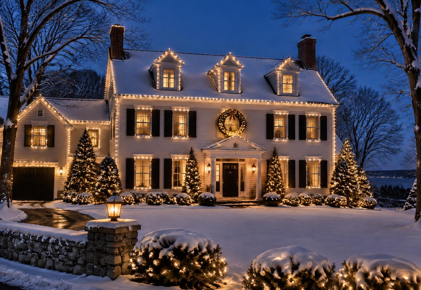 Colonial home outlined in warm white Christmas lights at dusk